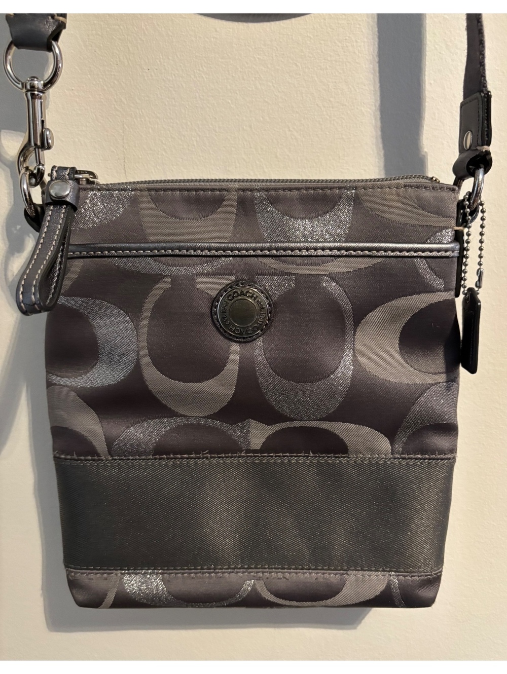 Coach Signature Stripe Swingback Crossbody Bag in Pewter Shiny Metallic!